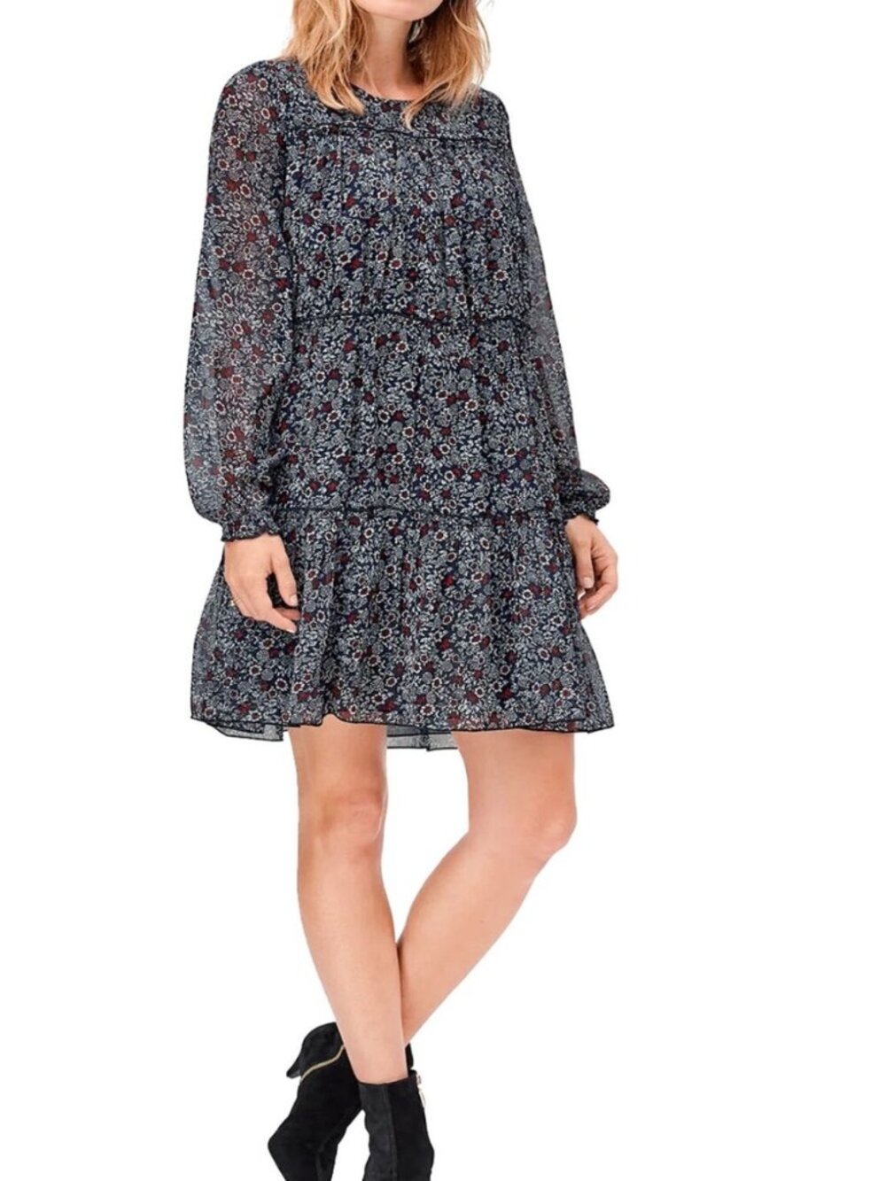 Ellos Plus Size Navy Blue Floral Tiered Boho Cottagecore Long-Sleeve Mini Dress